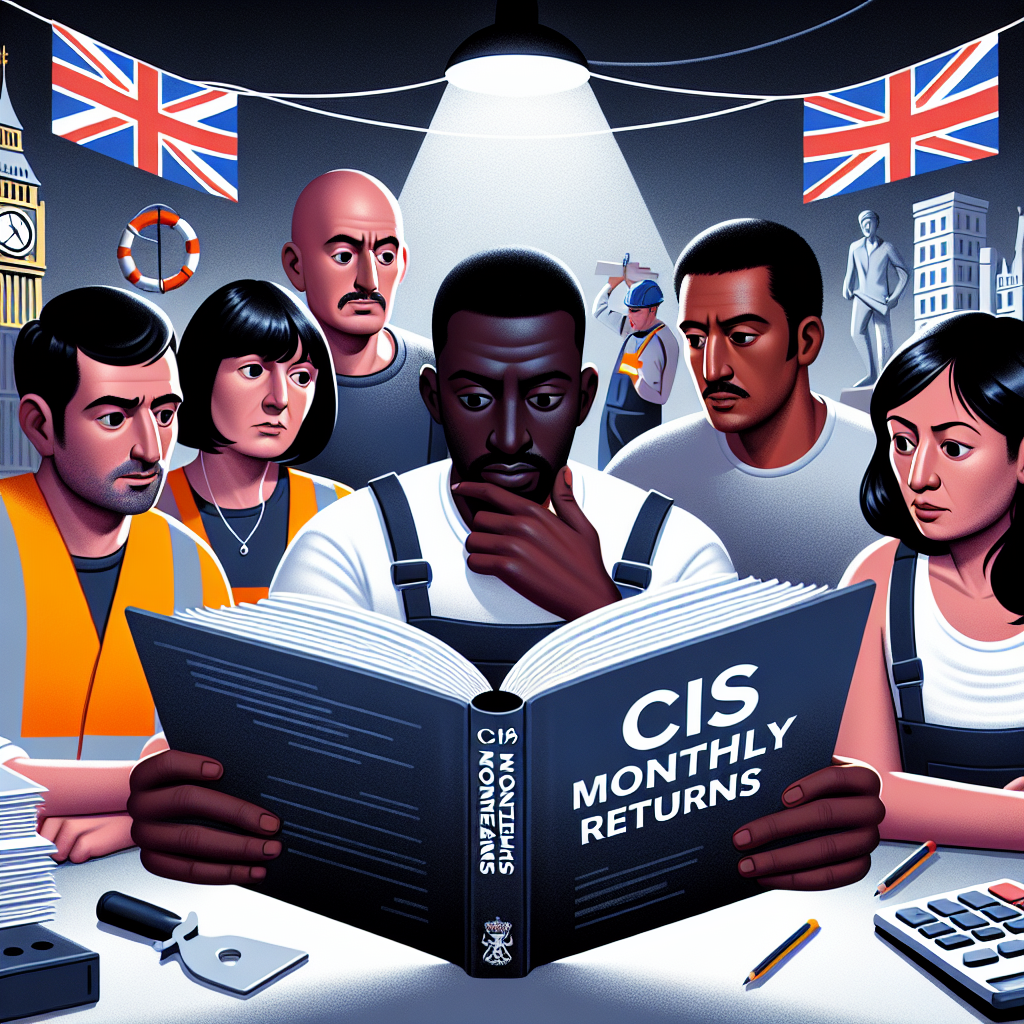 Contractor reviewing CIS monthly returns paperwork at a desk with construction site visible in background.