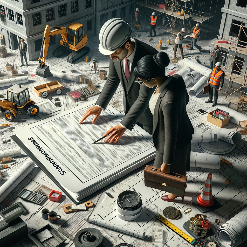 A UK construction contractor reviewing CIS monthly returns documents at a desk with compliance paperwork and a laptop.